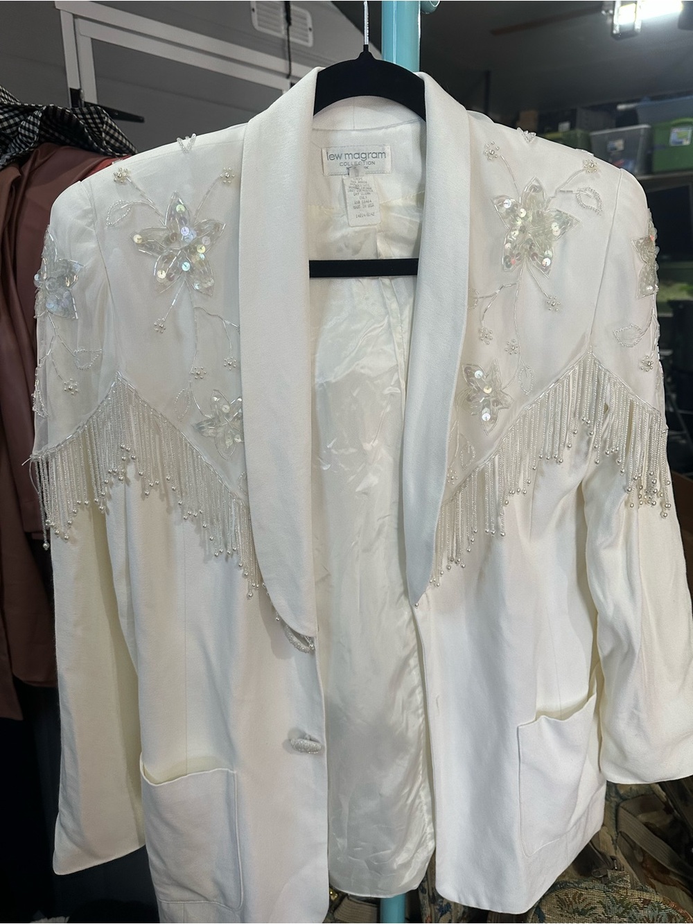 Vintage!!!  White Embellished Satin Shawl Collar and Fringe Blazer
